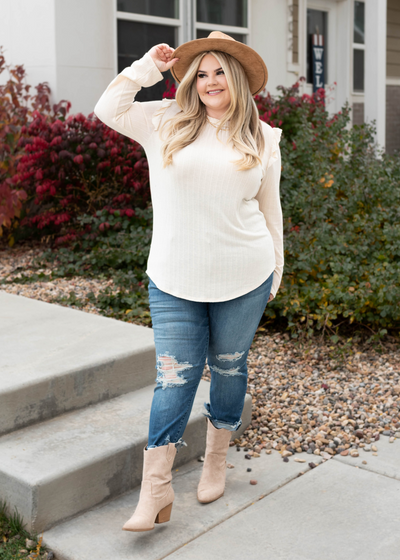 Long sleeve plus size cream ruffle long sleeve top