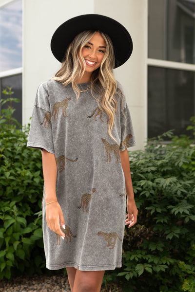 Above the knee short sleeve tiger charcoal dress