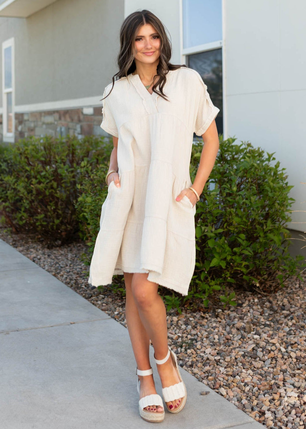 Above the knee beige tiered dress
