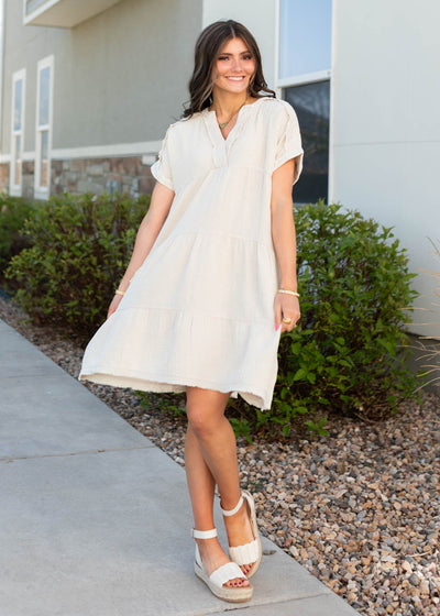 Short sleeve beige tiered dress