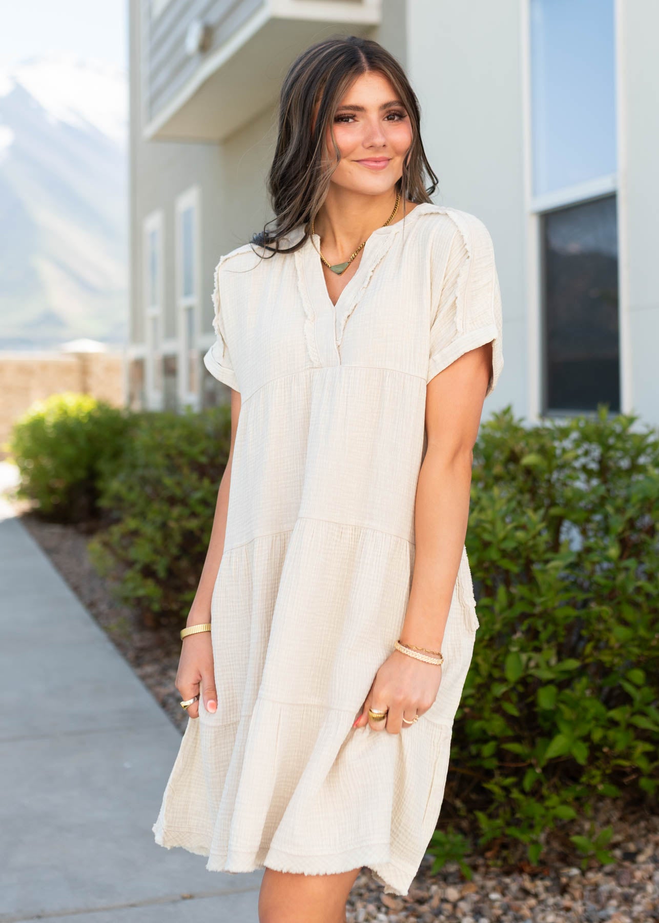 Tiered skirt on the beige tiered dress
