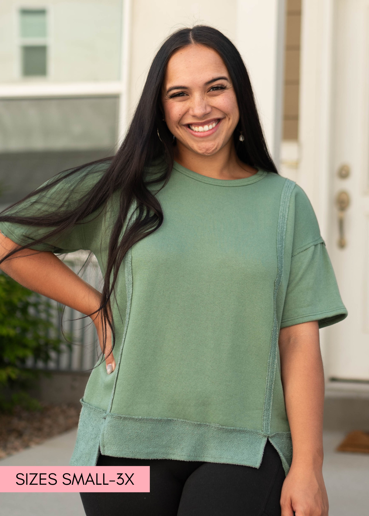 Short sleeve olive top with seams on the outside