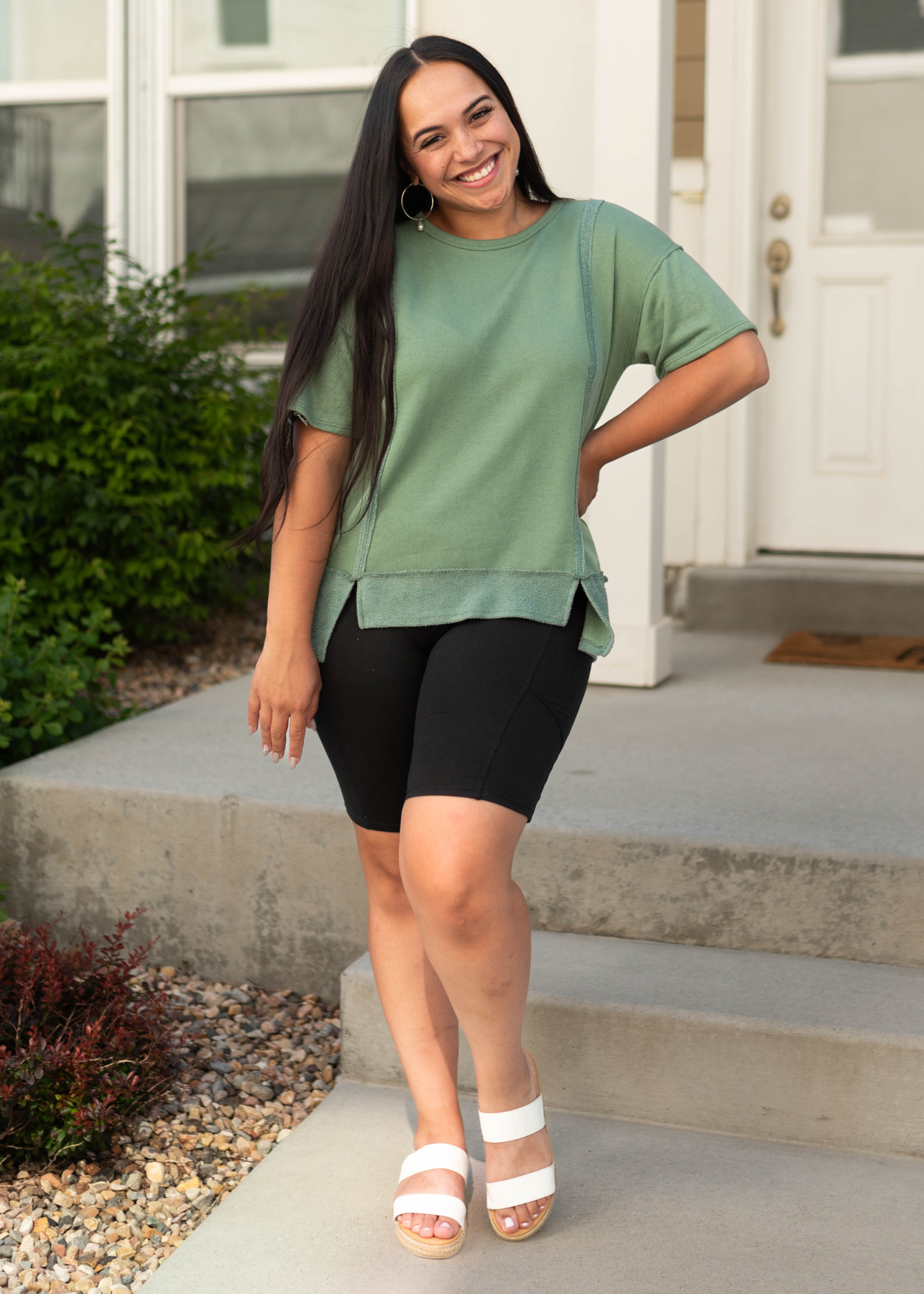 Large olive top with short sleeves