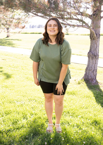 Plus size olive top with short sleeves