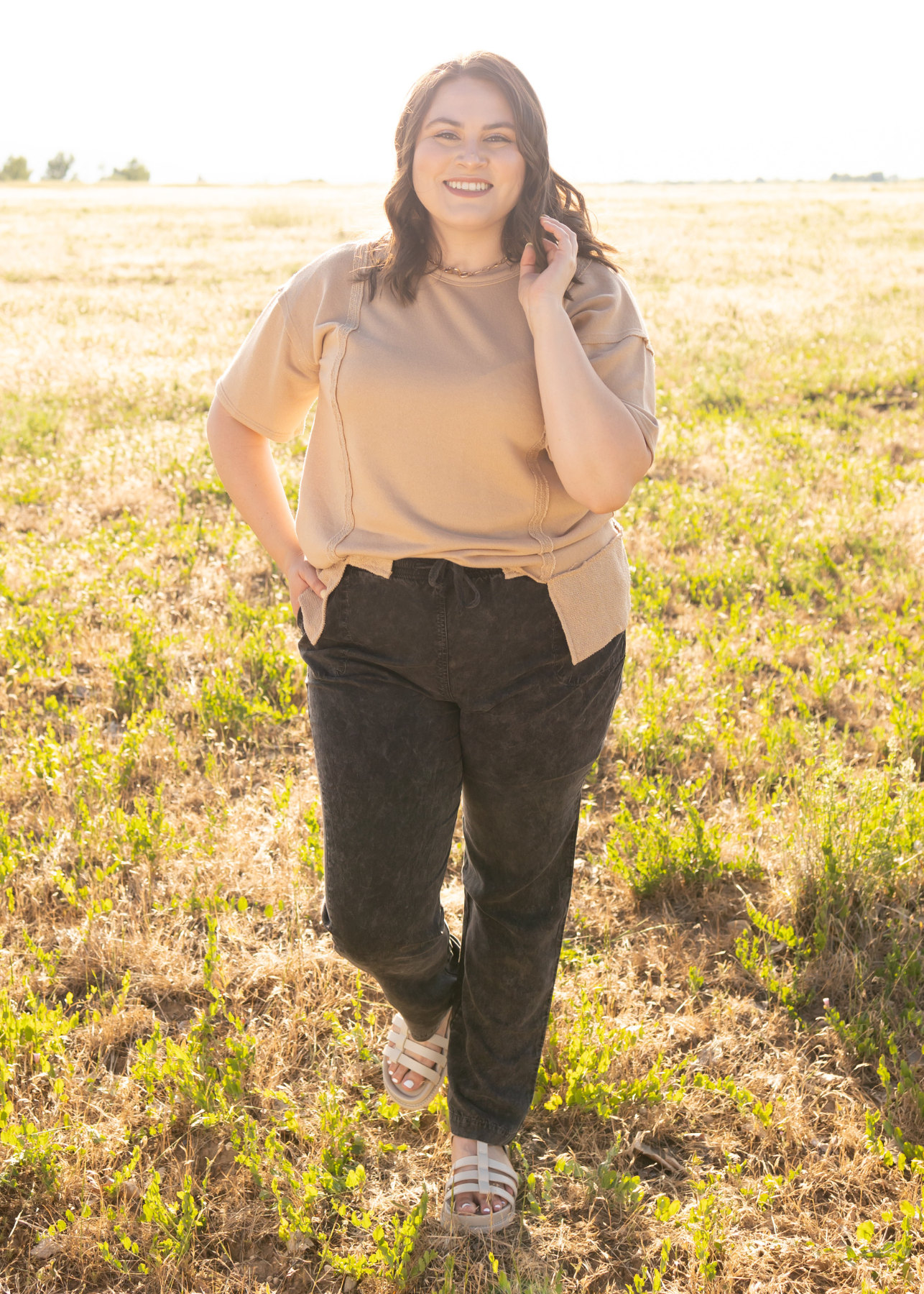 Short sleeve plus size taupe top with black pants sold separately