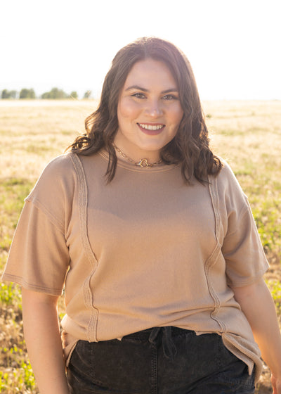 Short sleeve plus size taupe top