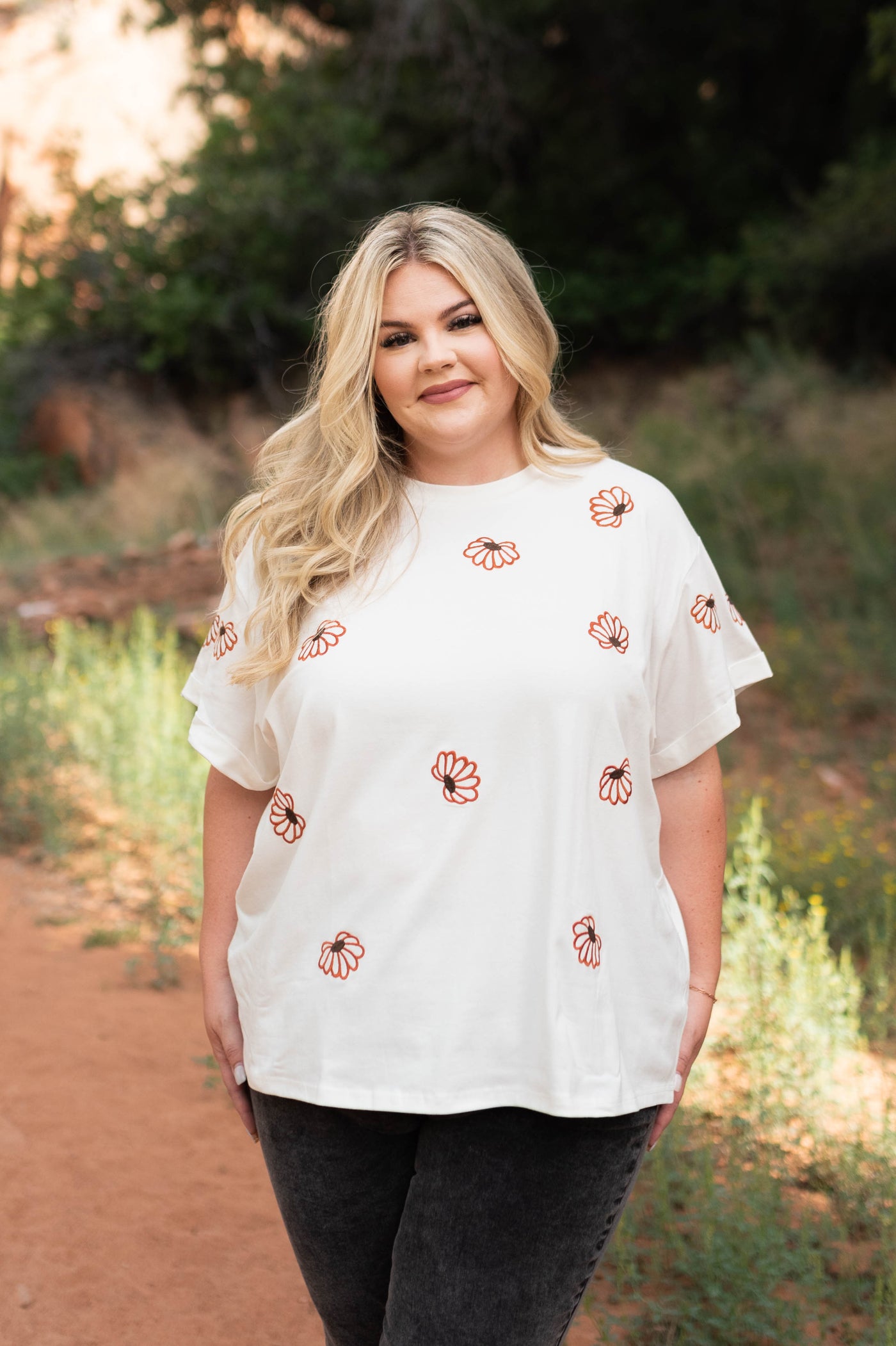 Plus size ivory floral top with short sleeves