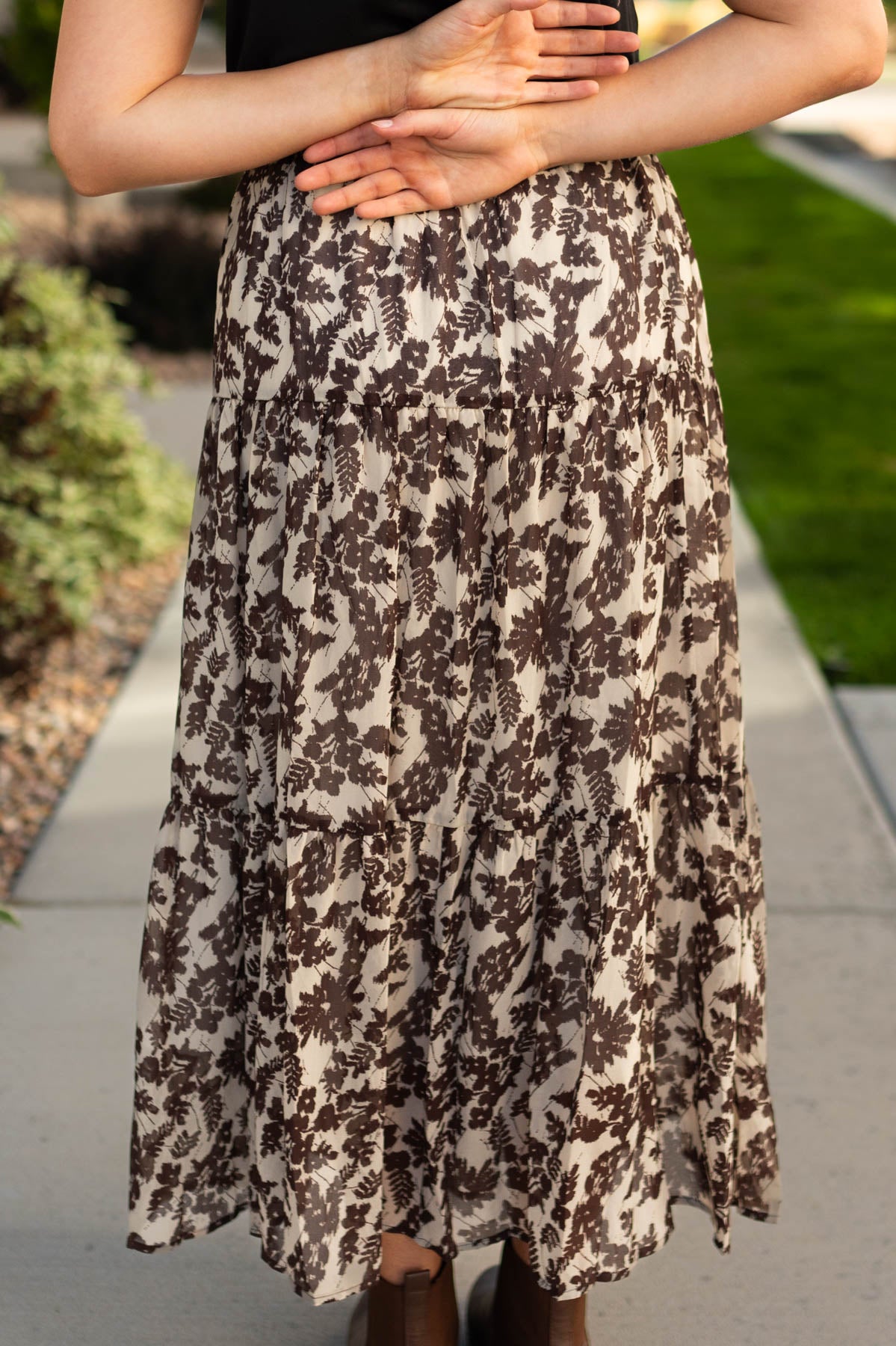 Back view of a brown floral skirt