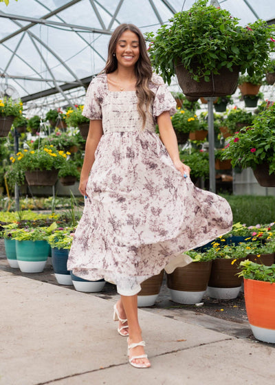 Square neck cream floral smocked dress