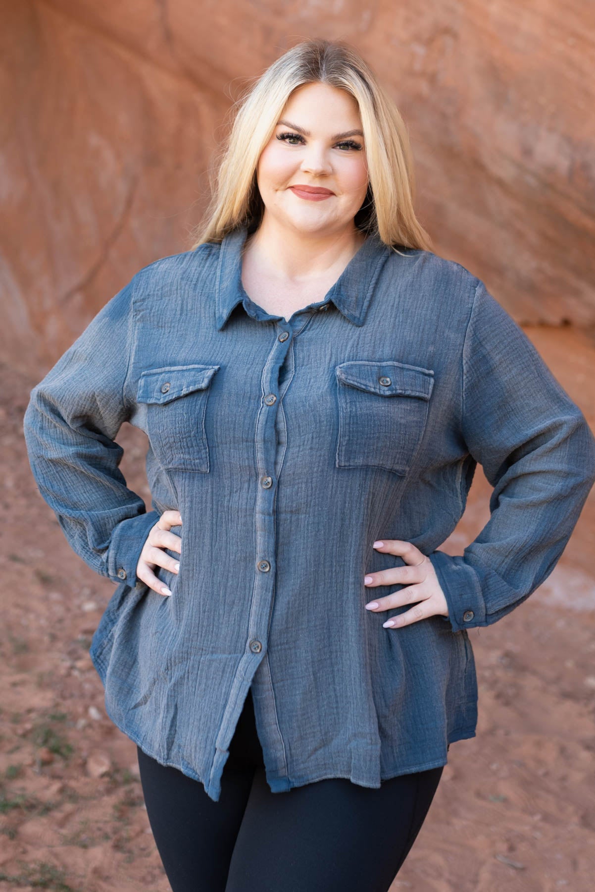 Button up plus size blue top