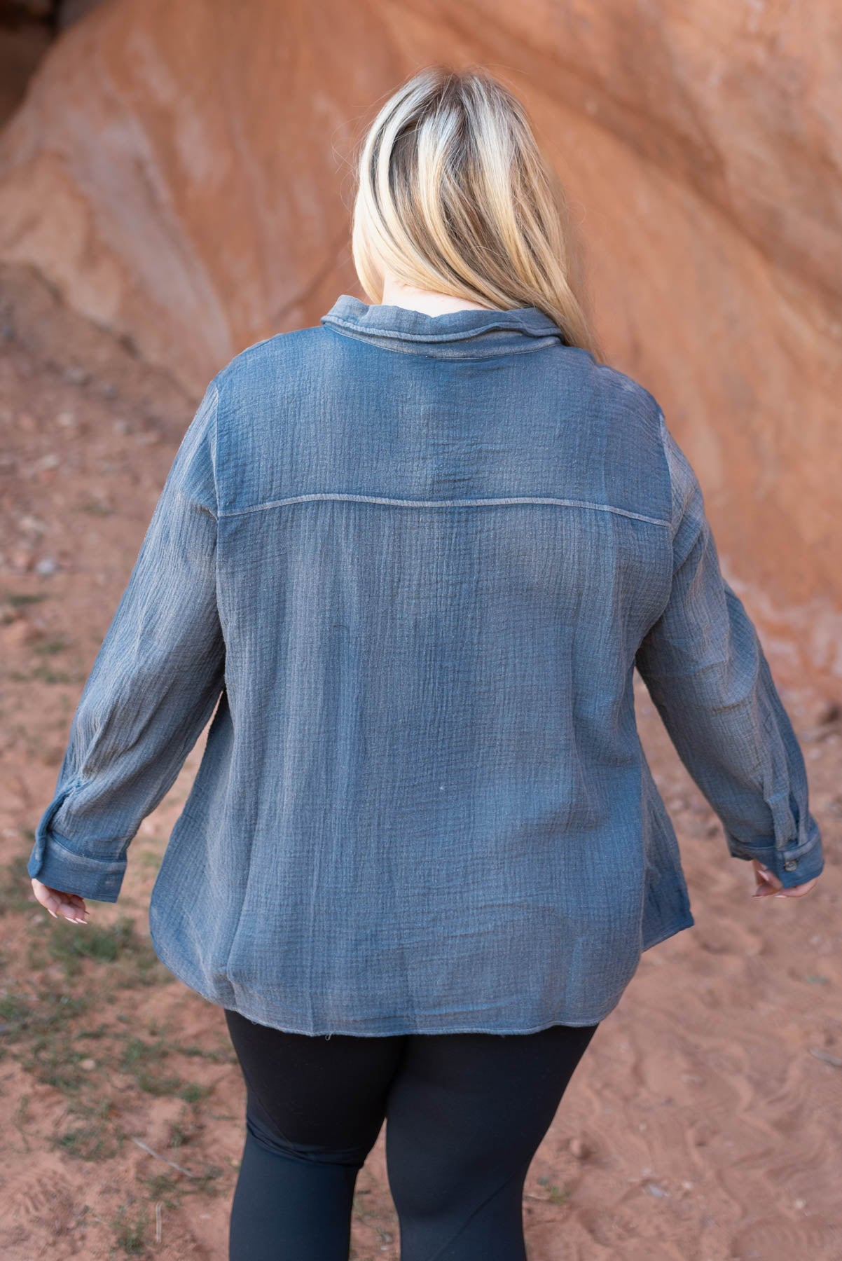 Back view of a plus size blue top