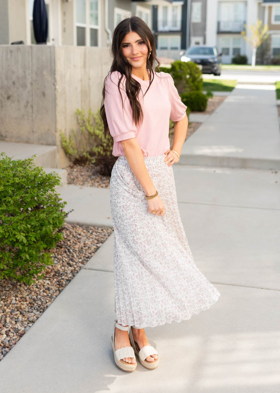 Long pleated white floral skirt