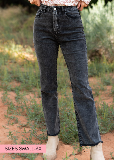 Stone washed black pants with frayed hem