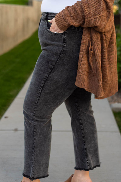 Side view of plus size black pants