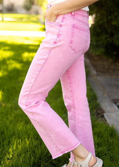 Side view of pink denim pants
