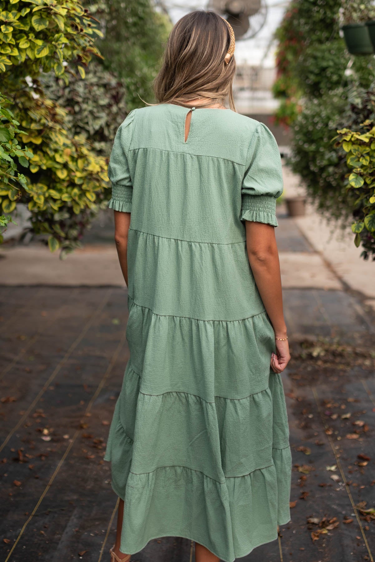 Back view of the tiered green dress