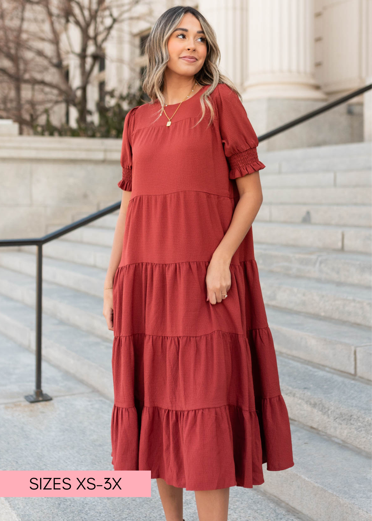 Tiered rust dress with pockets