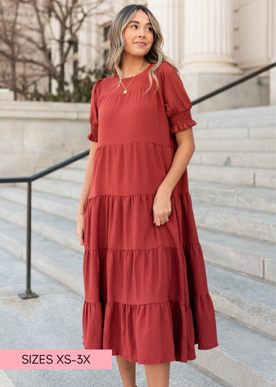 Front view of a tired rust dress