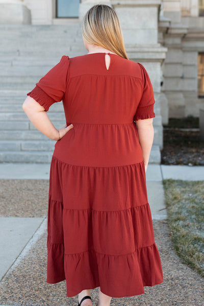 Back view of the tiered rust dress
