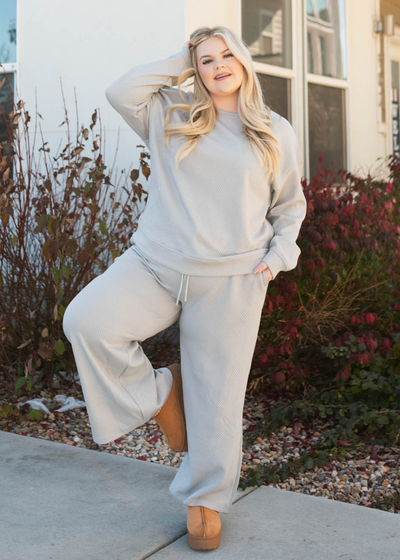 Plus size grey textured lounge set with wide leg pants
