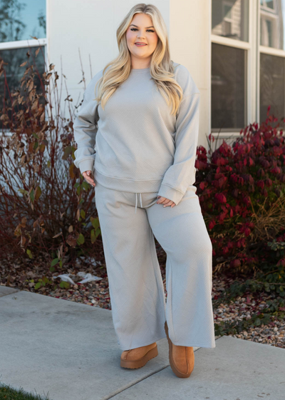 Long sleeve plus size grey textured lounge set