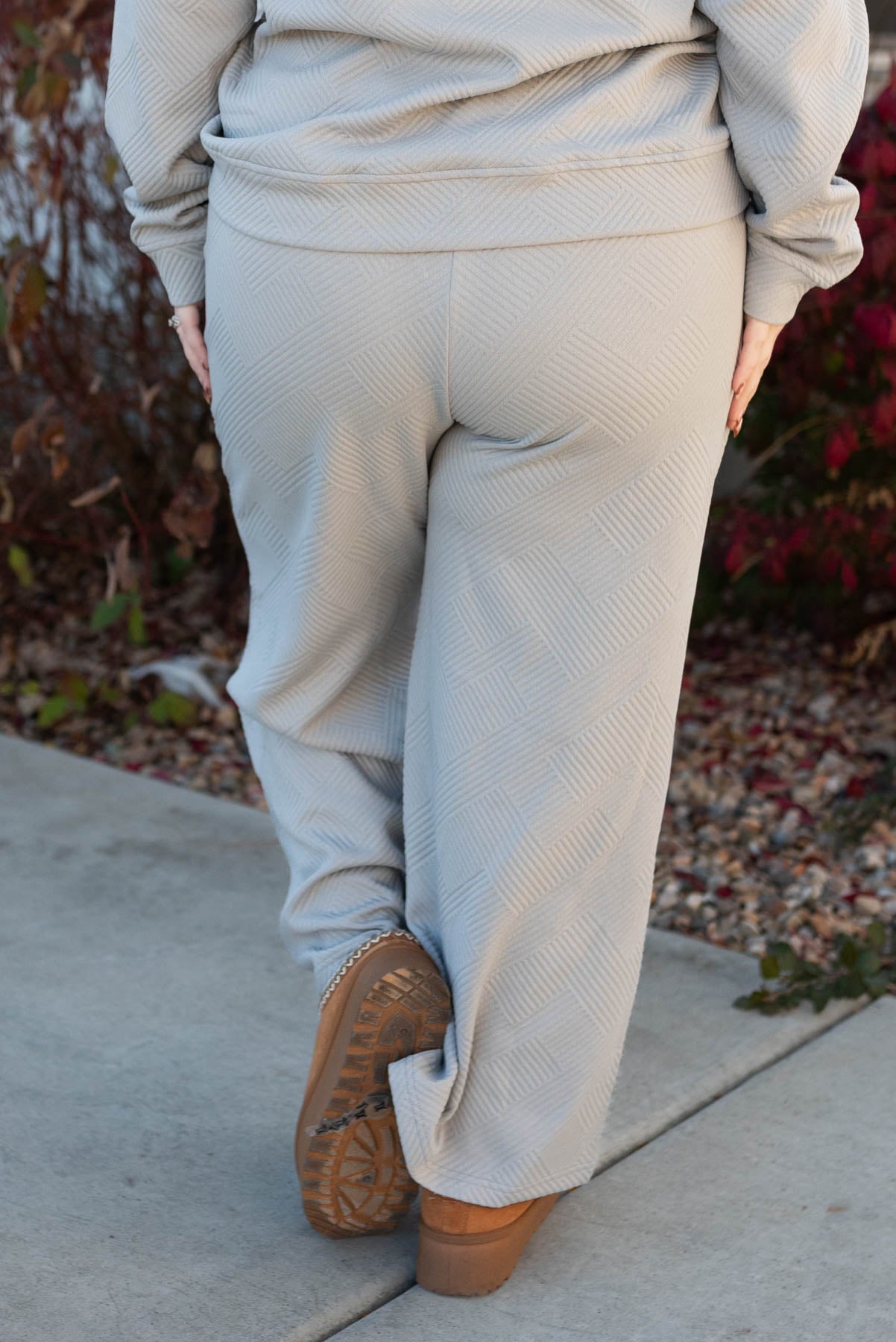 Back view of the pants on the plus size grey textured lounge set