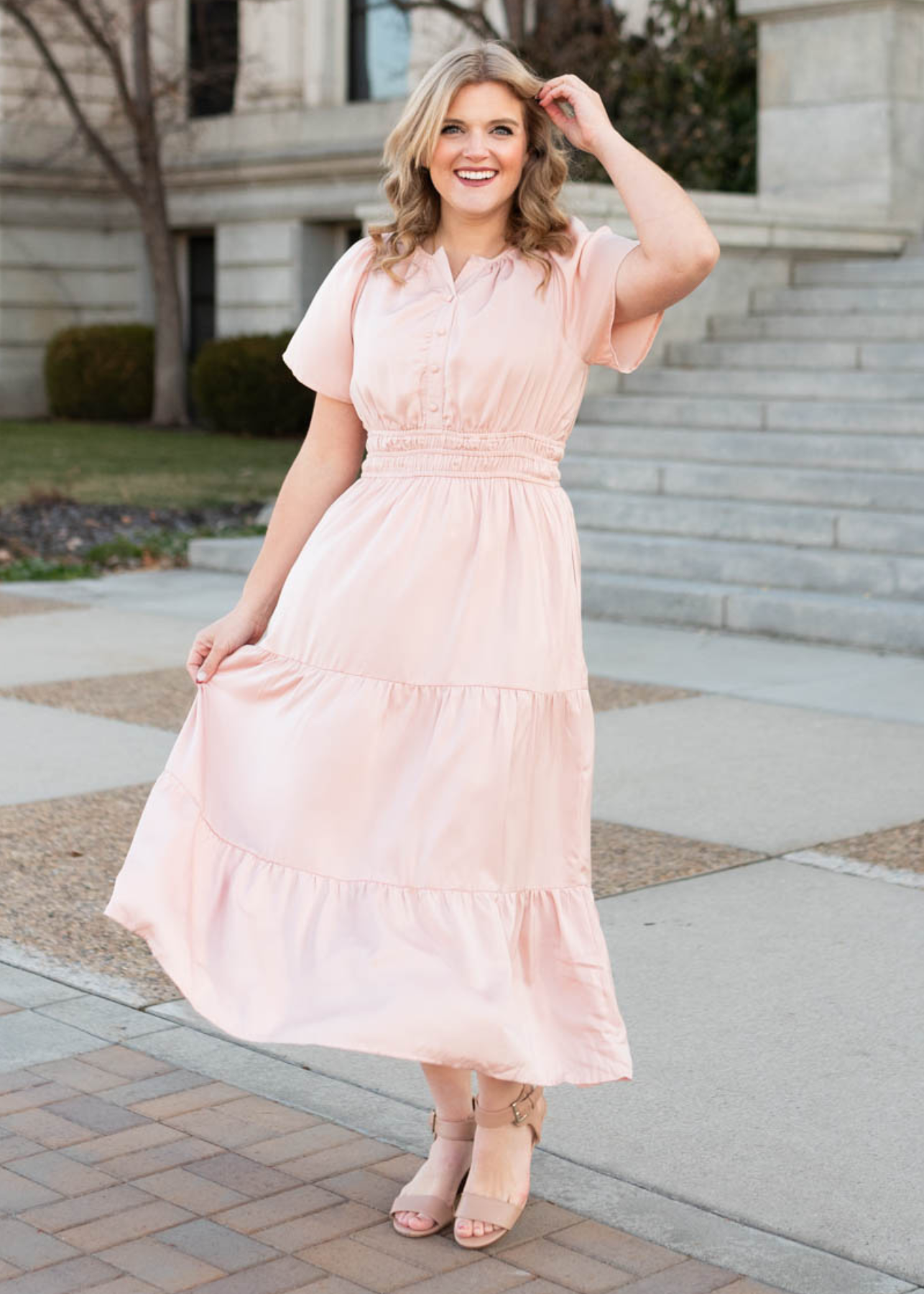 Short sleeve blush tiered dress with elastic waist