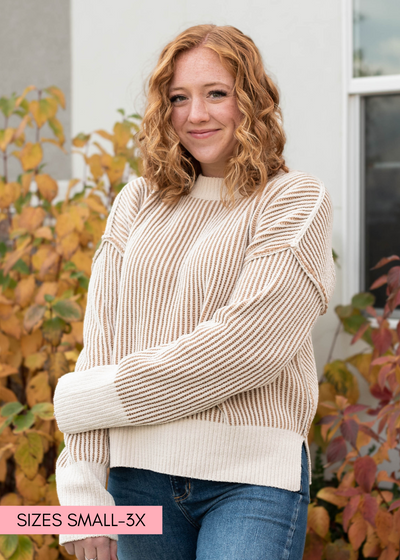 Long sleeve cream knit sweater with drop shoulder