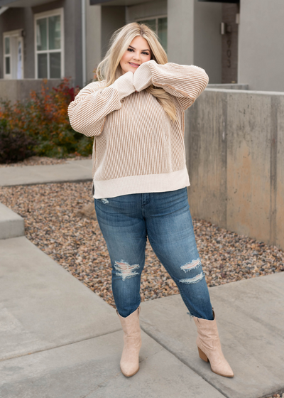 Long sleeve plus size cream knit sweater