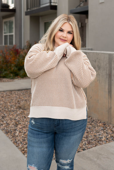 Long sleeve plus size cream knit sweater with ivory hem and cuffs