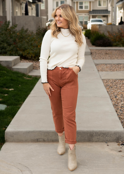 High neck rib top with black trim
