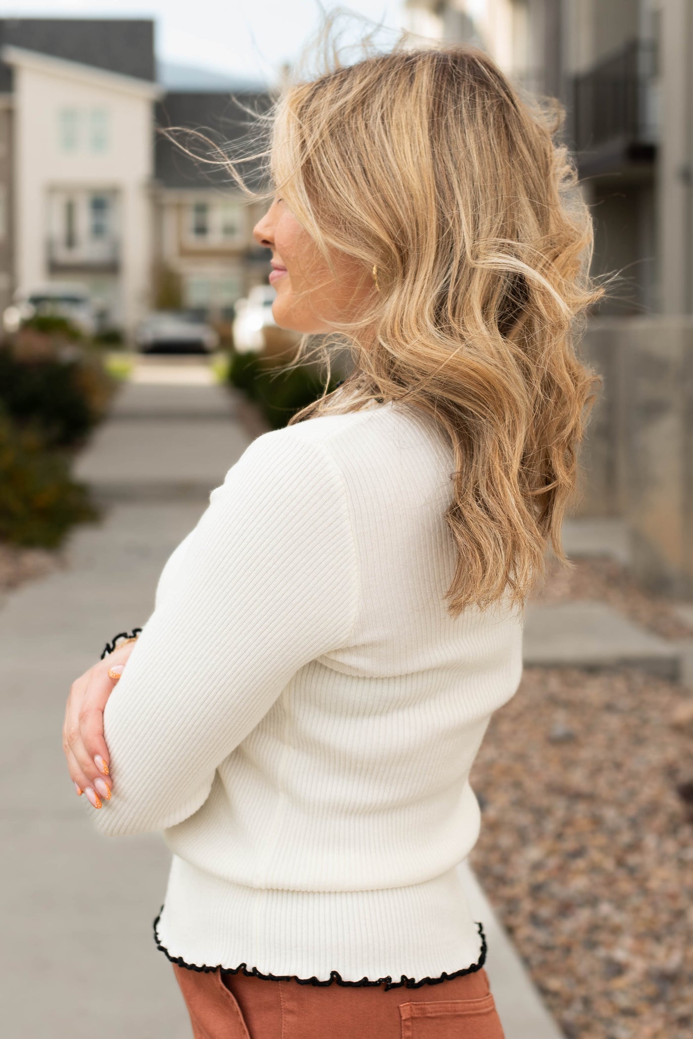 Side view of the high neck rib top