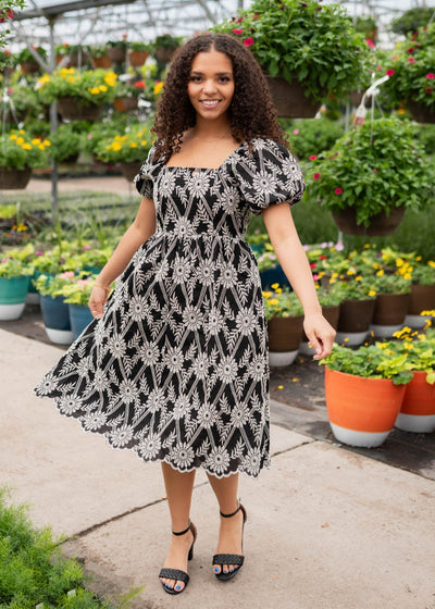 Black embroidered dress with short sleeves