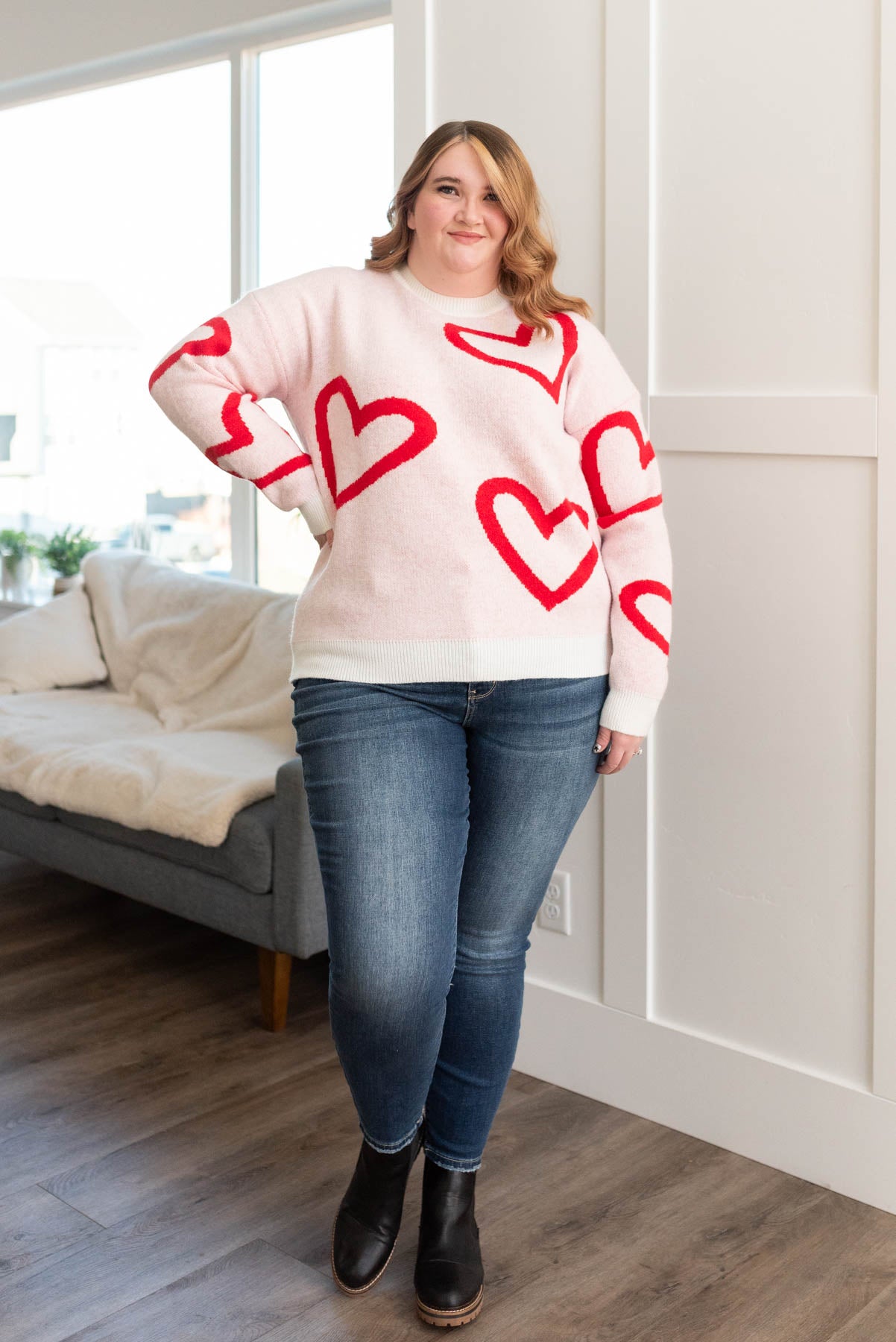 Plus size pink red heart sweater with long sleeves
