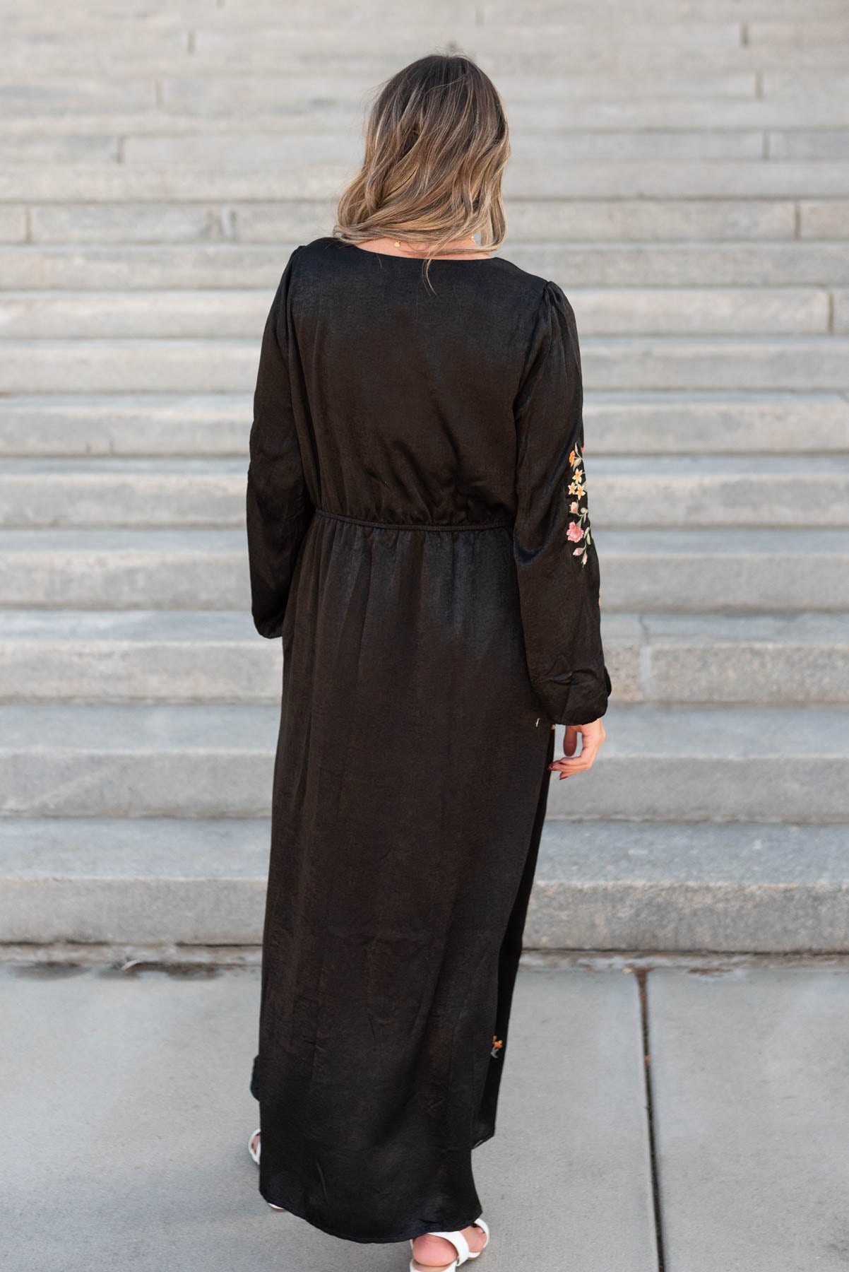 Back view of the black floral dress