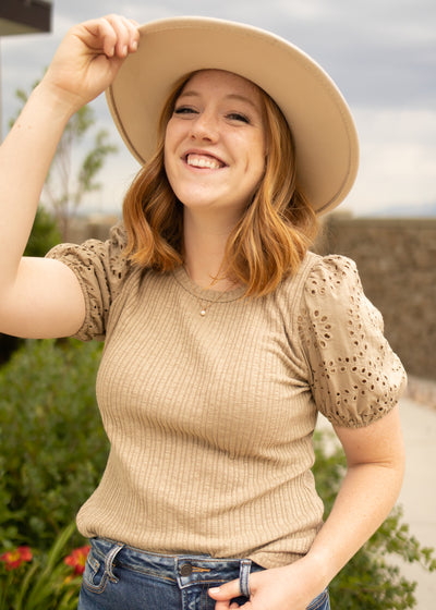 Eyelet sleeve short sleeve taupe top