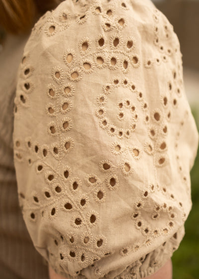 Short sleeve taupe top with eyelet pattern