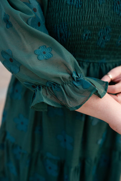Close up of the sleeve and fabric detail on the plus size dark green floral dress