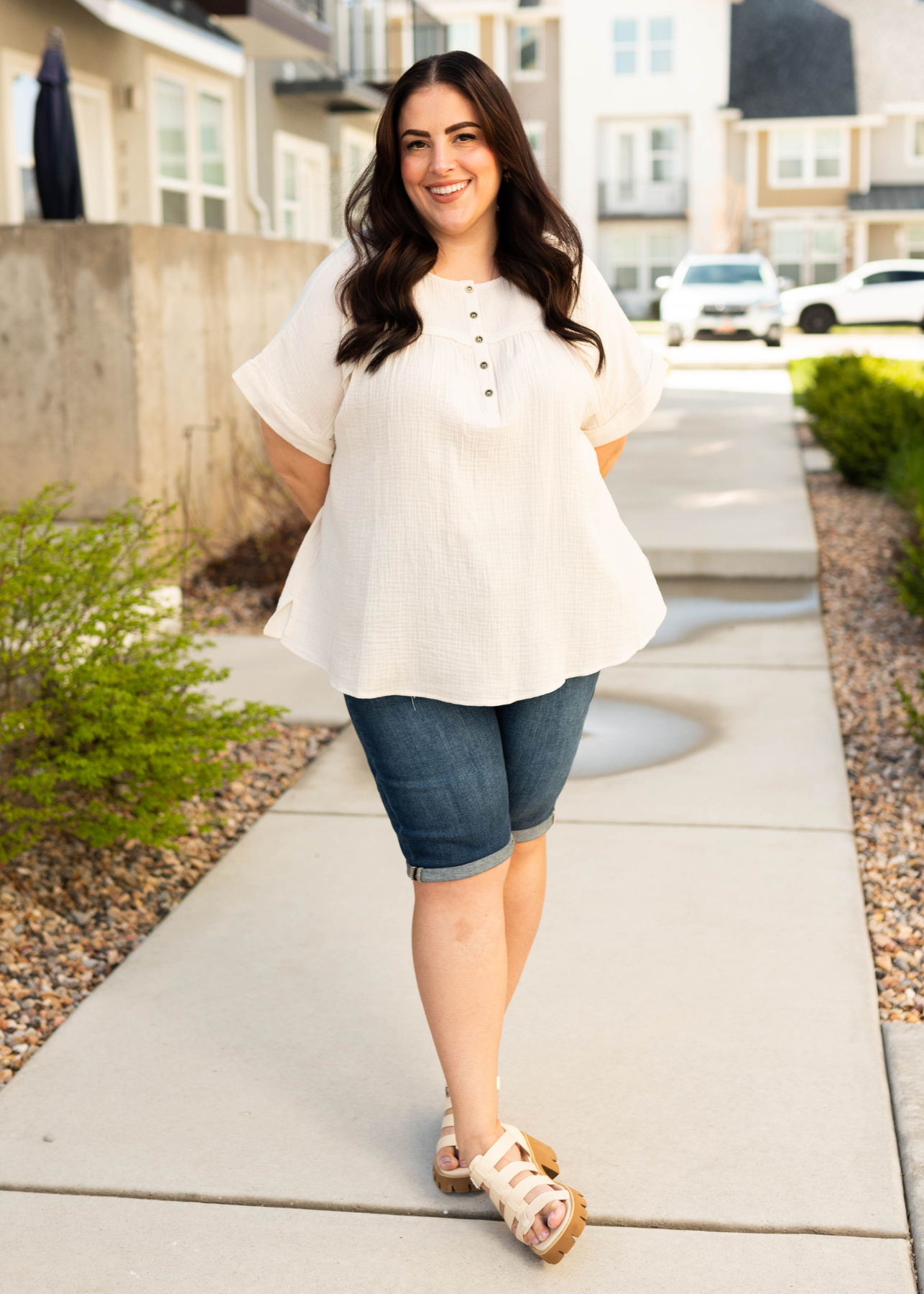 Plus size cream button top with dark buttons