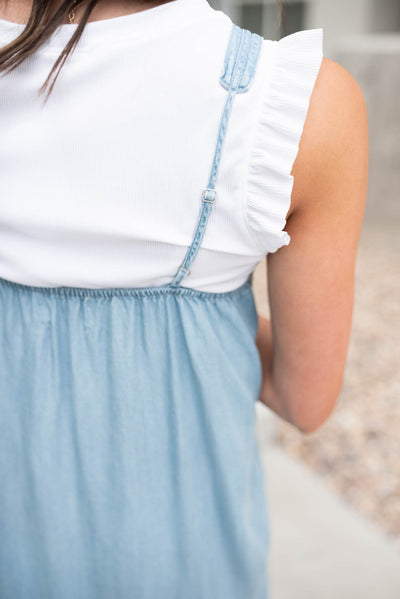 Back view of the denim-like strap dress