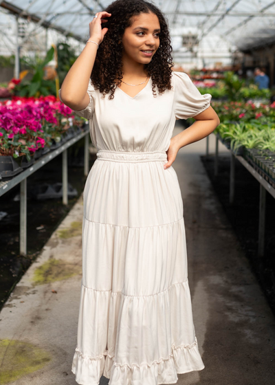 Ivory satin tiered dress with elastic waist