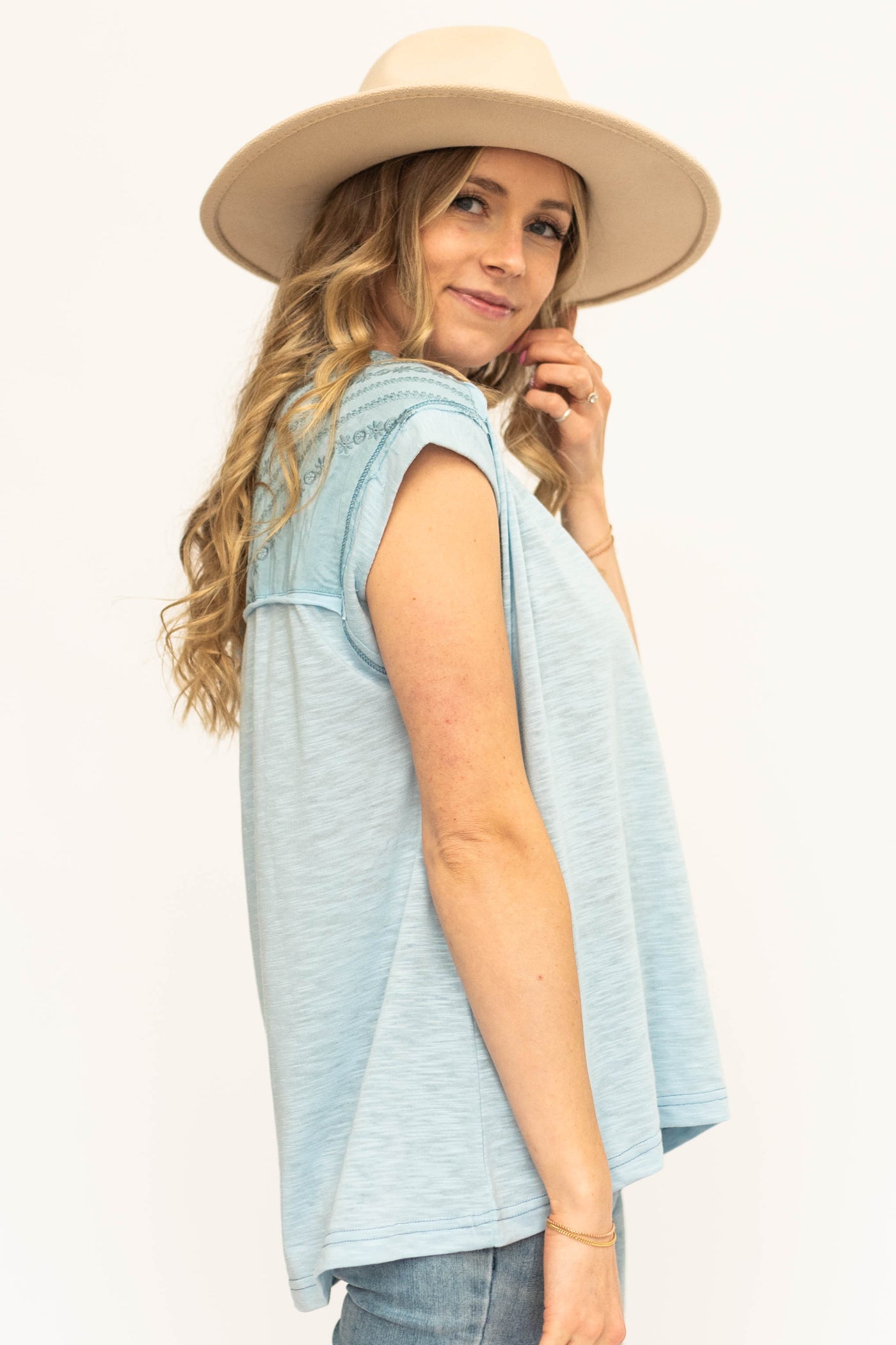 Cap sleeve powder blue top