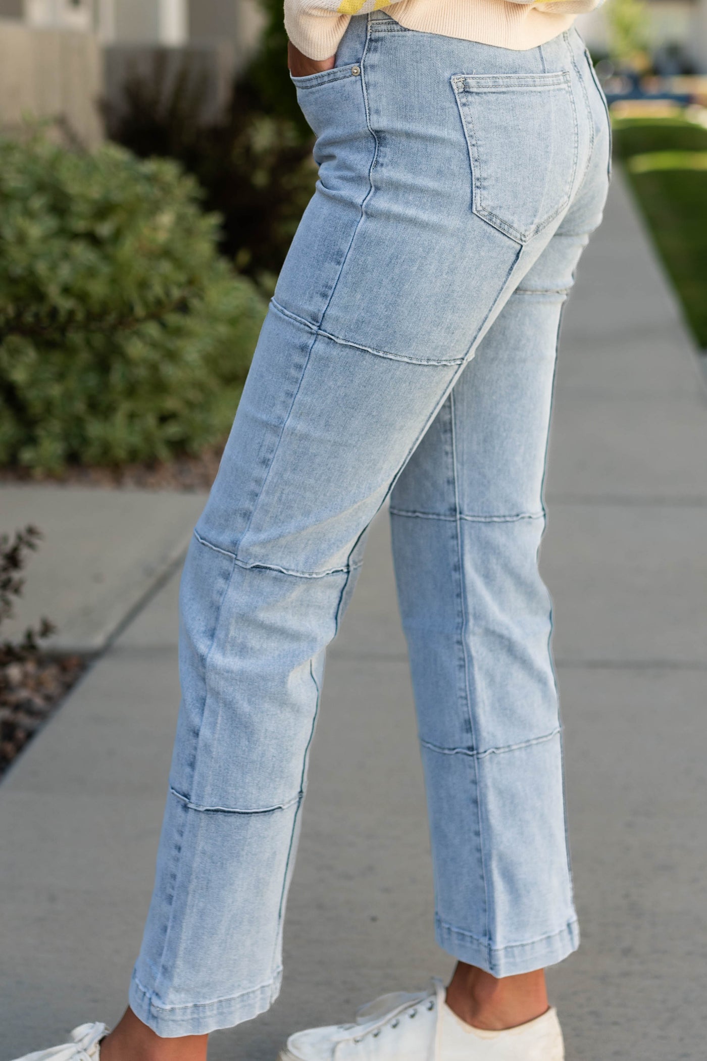 Side view of light denim jeans