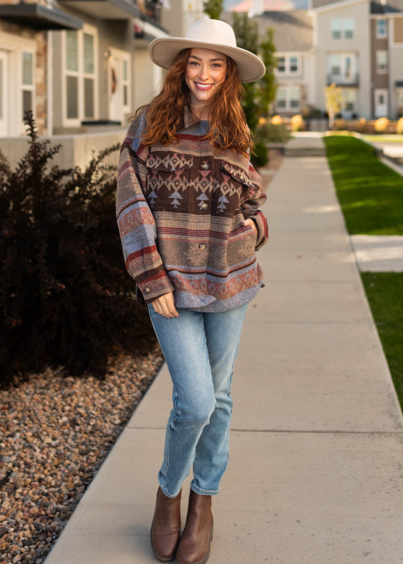 Button up long sleeve Aztec shacket with pockets