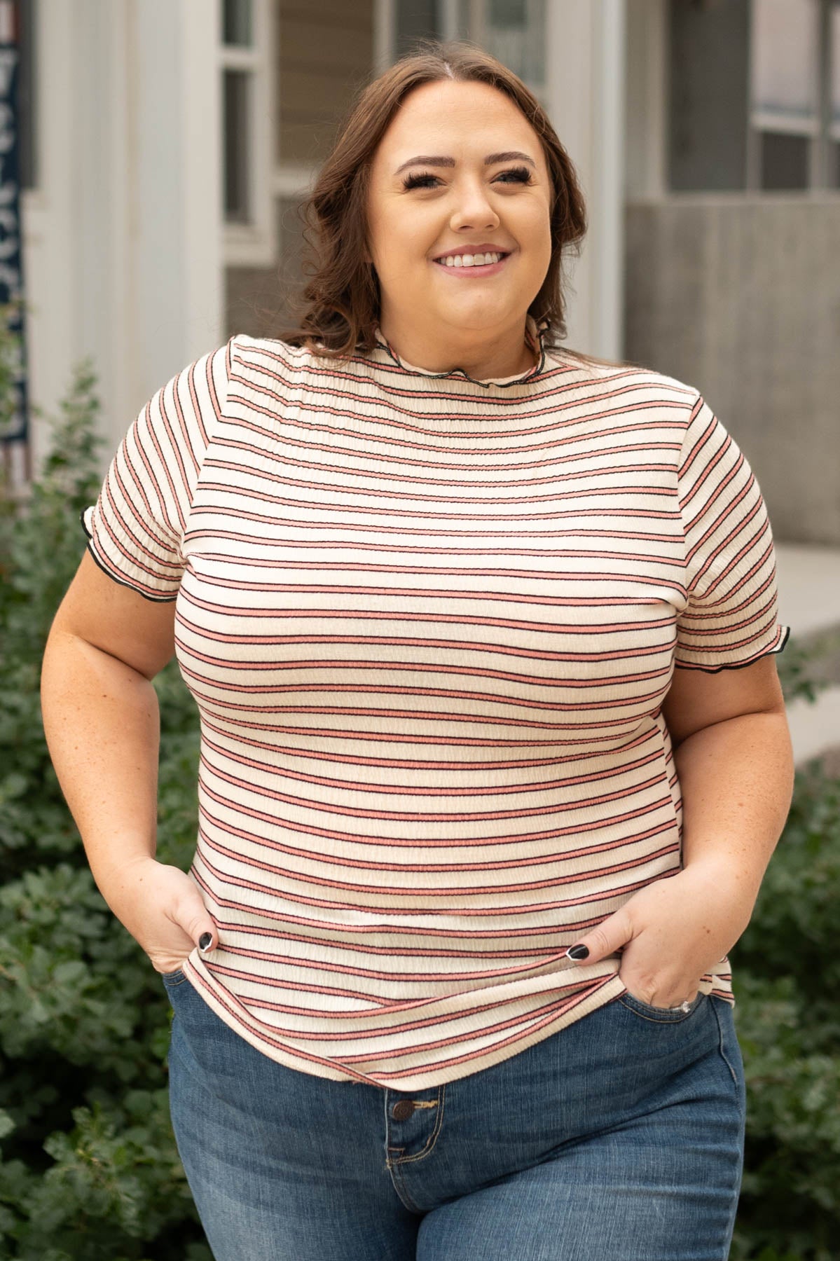 Plus size beige top with coral stripes