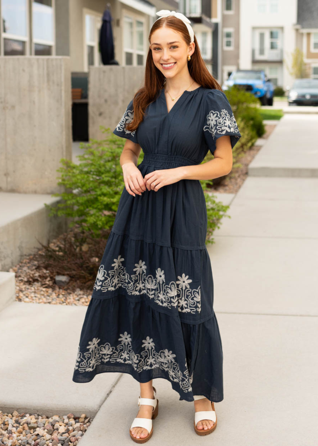 Navy embroidered detail dress