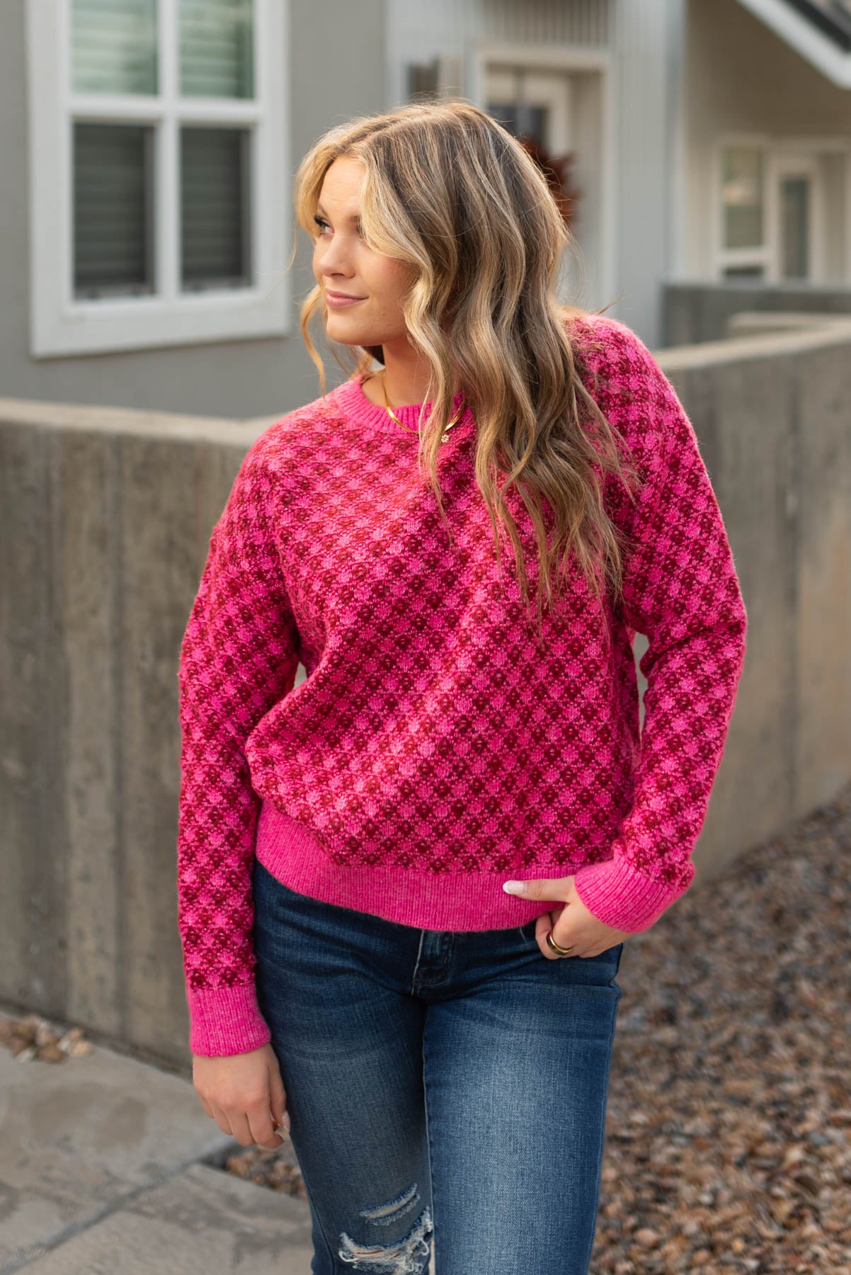 Pink pattern sweater with hot pink cuffs