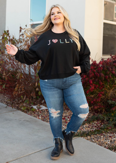 Long sleeve plus size jolly rhinestone crewneck