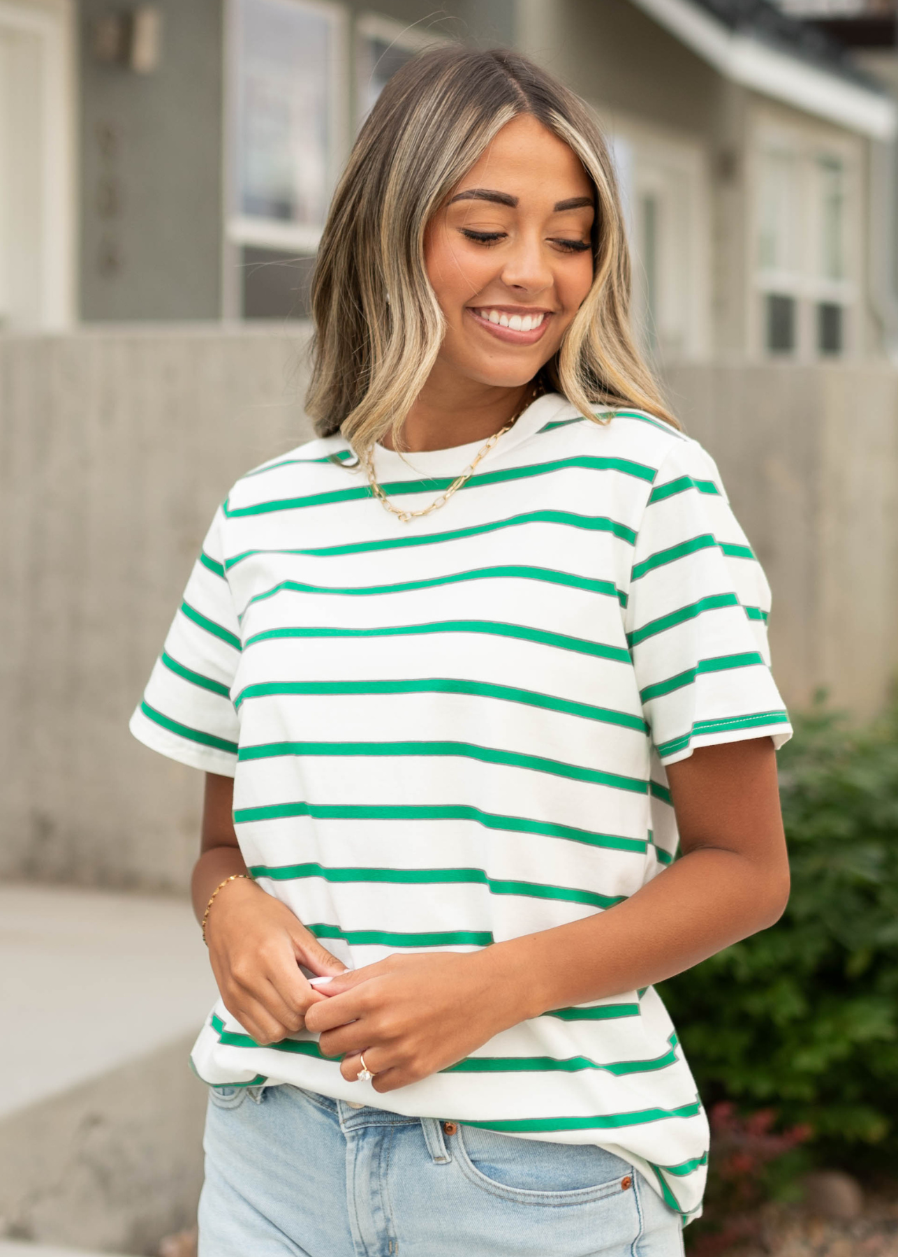 Short sleeve green stripe top