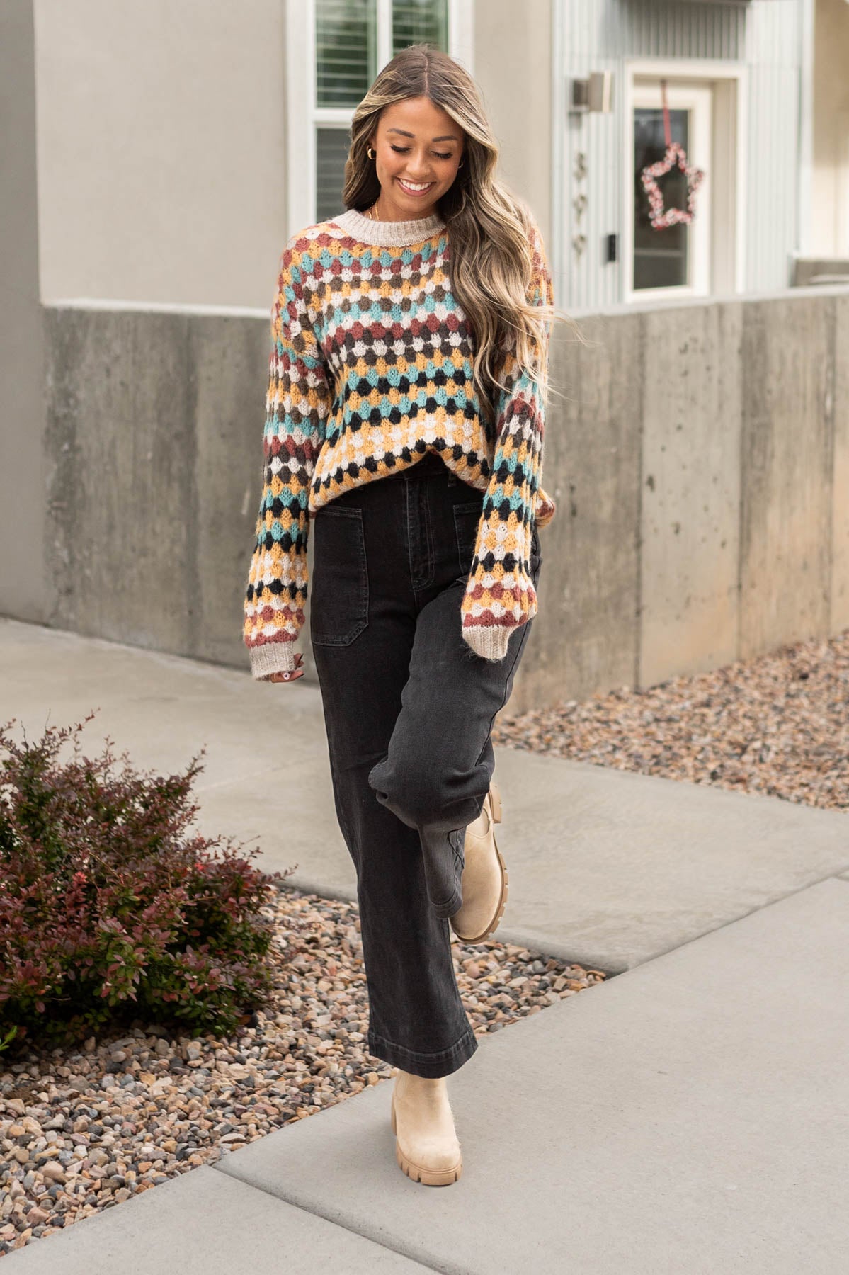Long sleeve multi sweater with ivory cuffs and neck